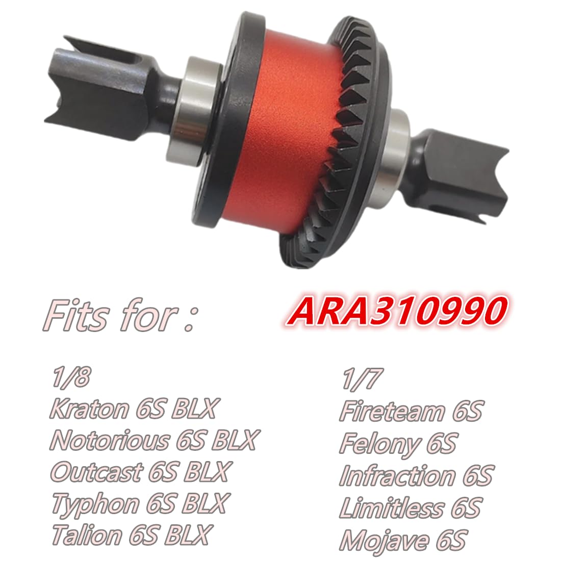 2pcs Steel F/R Diff Set,Differential 43T & 10T Input Gear Upgrade Parts for Arrma 1/7 Big Rock Fireteam Mojave 6S 1/8 Kraton Notorious Outcast Talion 6s Replacement of ARA310990(Red)