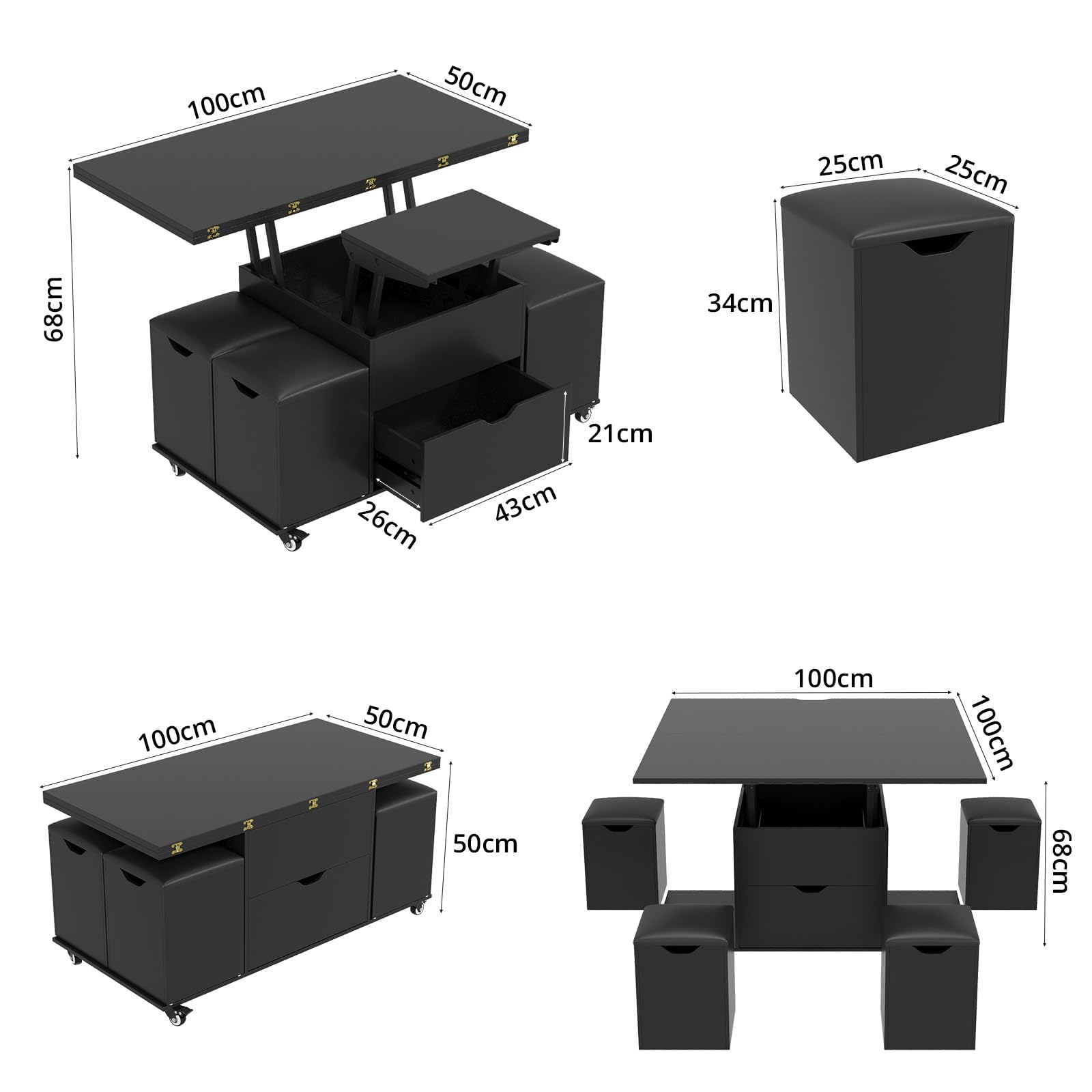 VOWNER Table Basse Relevable Transformable Table à Manger, Noir | Meuble 3 en 1 multifonctionnel pour salon avec tiroir et 4 tabourets inclus