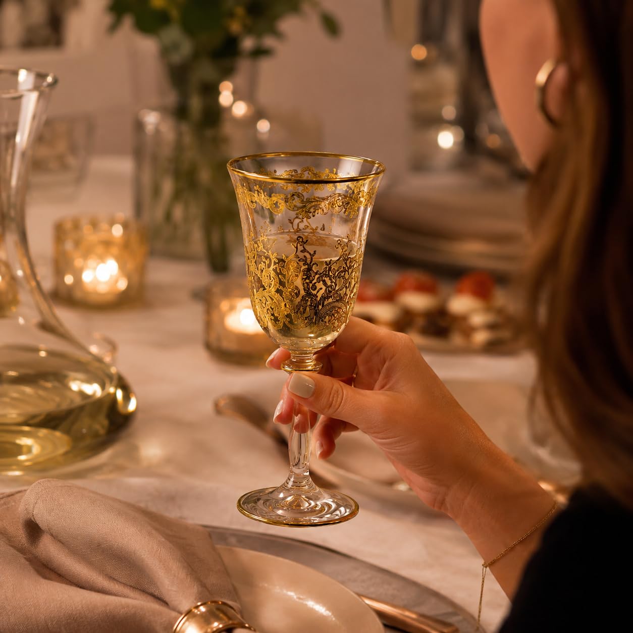 Weingläser, 2er weinglas set aus Kristallglas mit 24 Karat Goldrand, Handbemalt, Luxuriös Geschenk, 250ml, Kollektion Melody