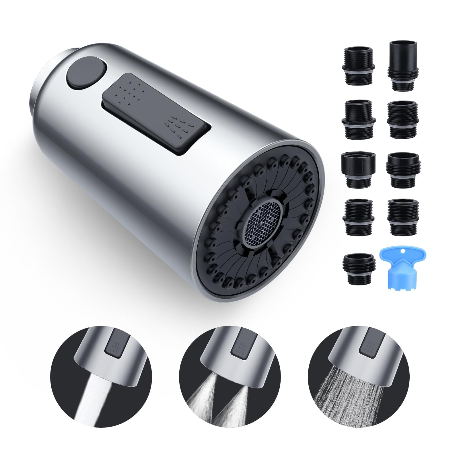 Kitchen Faucet Head Replacement, Pull Down Spray Head, Faucet, 3-Function Sink Spray Nozzle with 9 Adapters, Compatible with American Standard, Delta, Moen, Kohler Faucets (Chrome)