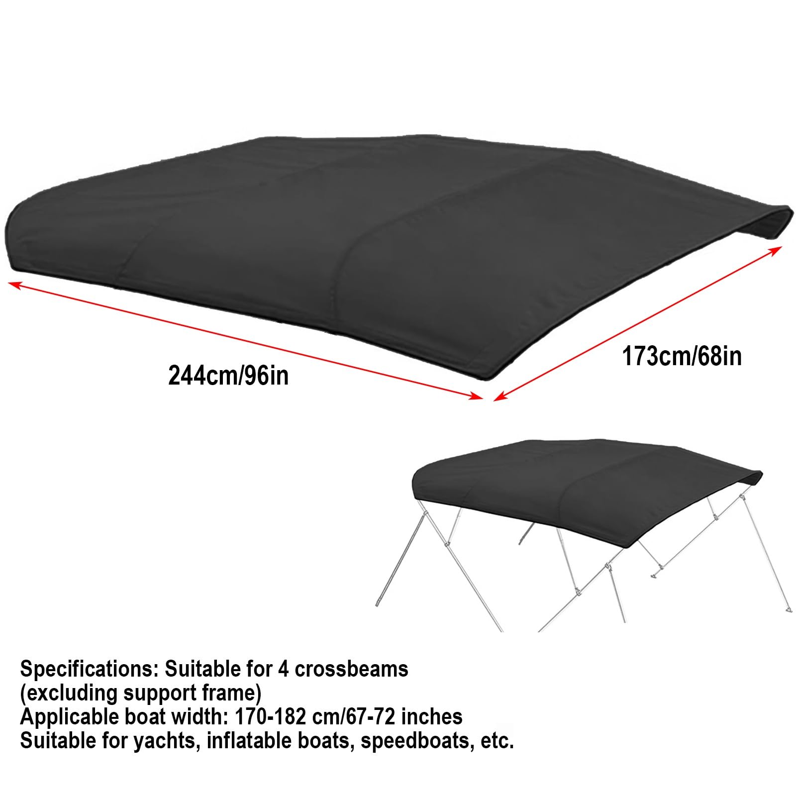 Toldo Bimini para Barco, Bimini para Barcos, Toldo Barco para Estructura 4 Arcos, Oxford 600D, 244 cm, Negro(173cm/68 in)