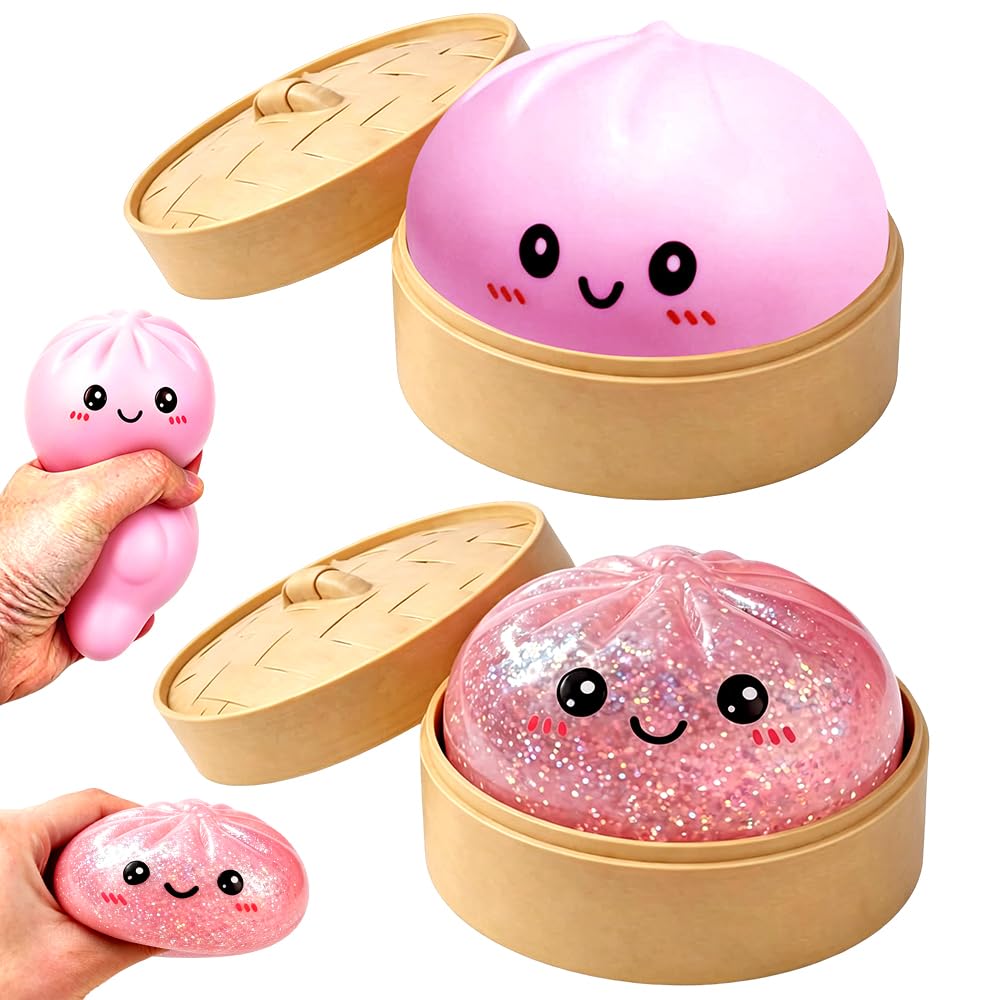 2 Pcs Giant Dumpling Squishy, Giant Dumpling Squishy Toy, Toy Dumplings with Steamer Box, Soft Squeeze Dough Hand Fidget Toys, Funny Slow-Rise Stress Toys, Purple/Pink Colorful