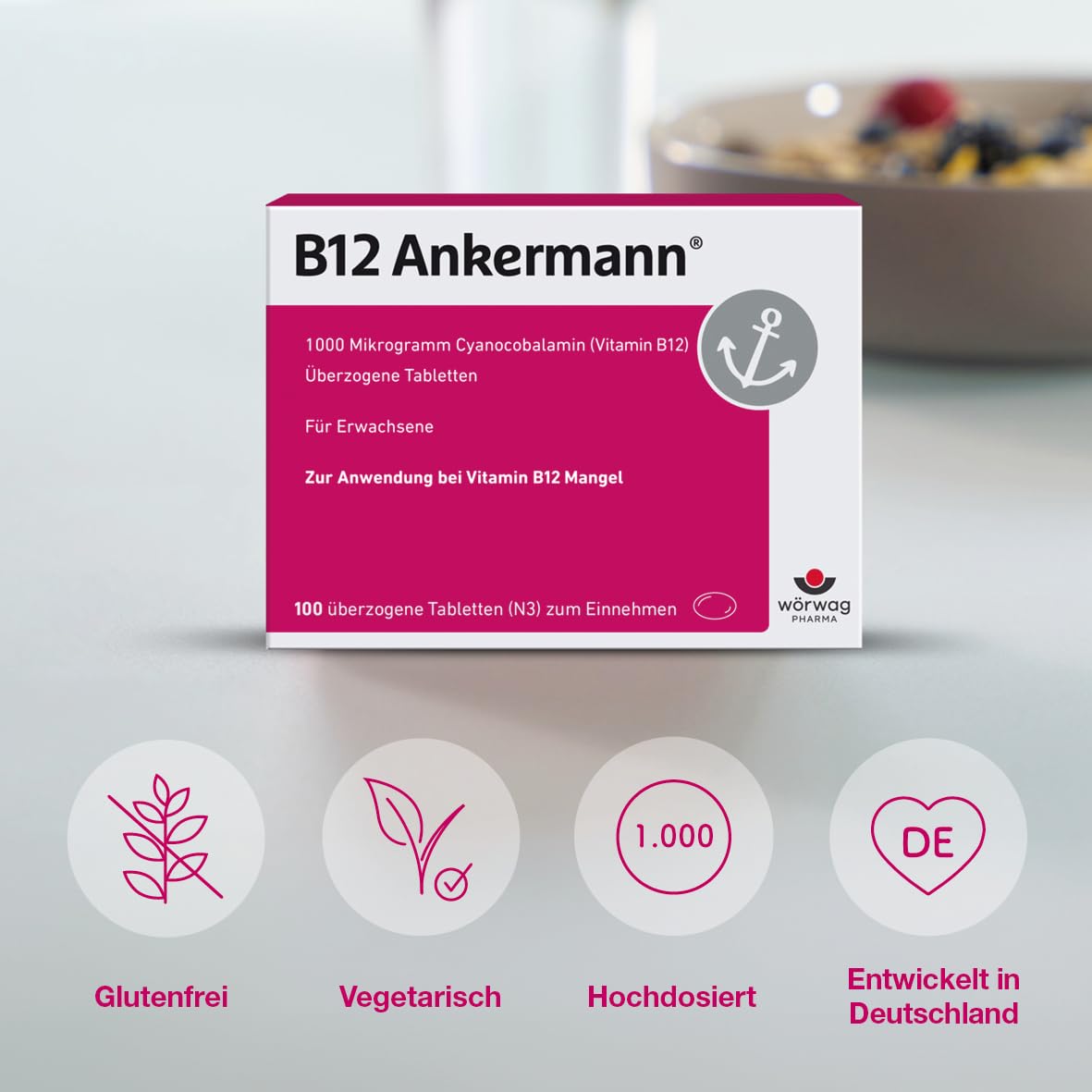 B12 Ankermann, 150 Stück: 1.000 Mikrogramm Vitamin B12 Tabletten, hochdosiert, effektiv gegen Müdigkeit & Erschöpfung infolge von Vitamin-B12-Mangel, für mehr Energie & Leistungsfähigkeit, 1x täglich