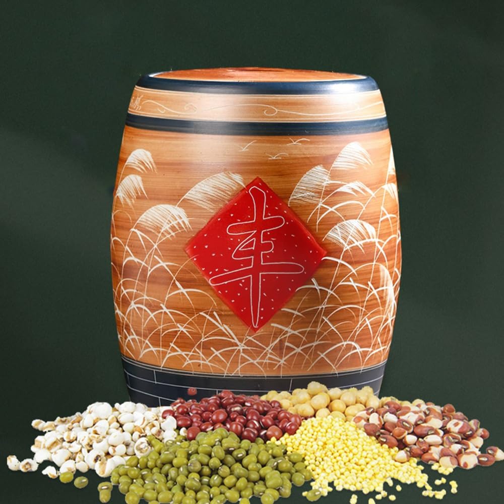 Ycbtps One Color Rice Storage Box With Lid, Household Ceramic Sealed Storage Tank, Chinese Large-Capacity Dispenser For Cereal, Handcrafted Porcelain Pot For Beans Corns(10Kg-22Lb)