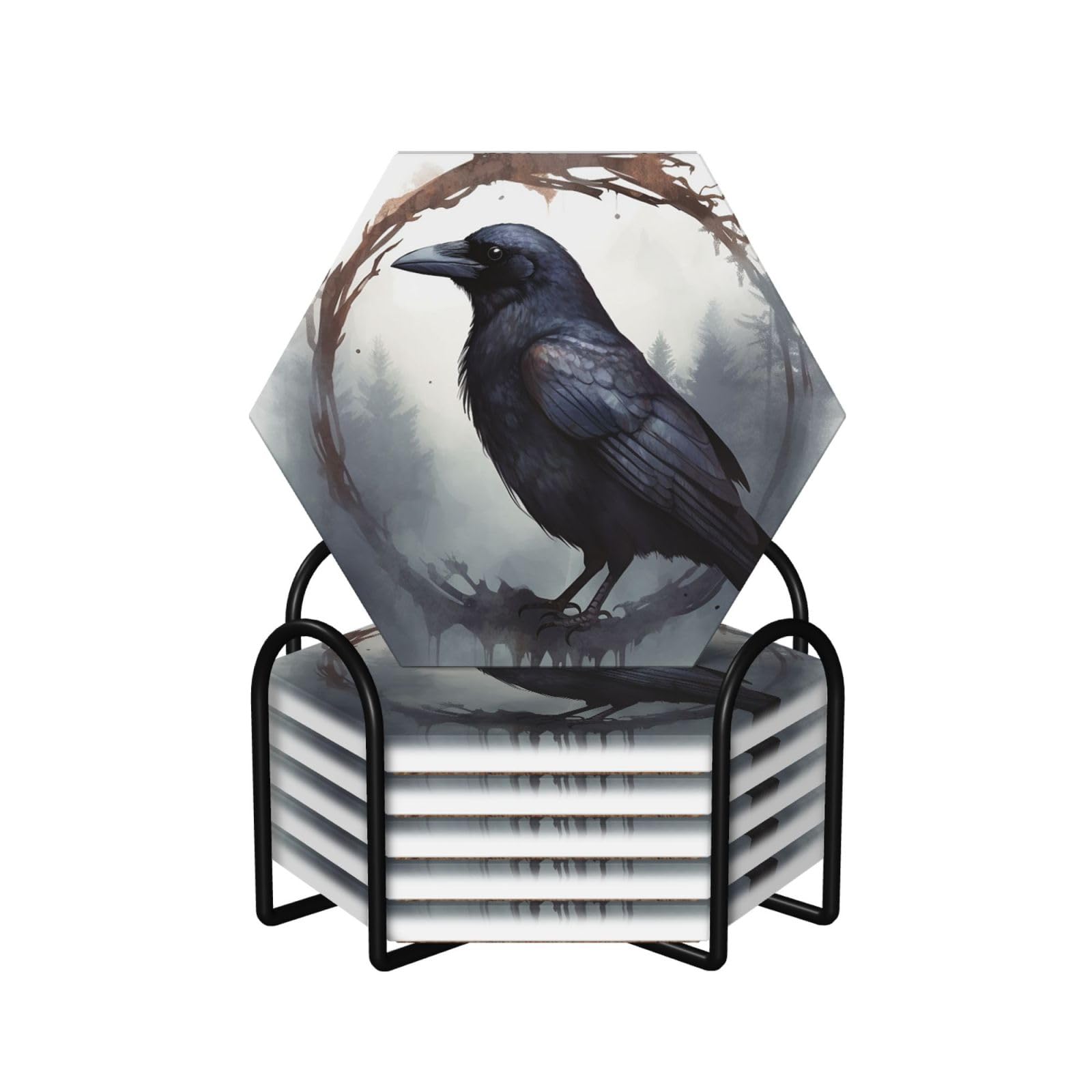 6Pcs Ceramics Coaster for Drinks, Black Crow Cup Coasters with Holder, Aesthetic Drink Coasters for Coffee Table, Absorbent Round Coaster for Tabletop Protection 4" Cup Mat Pad