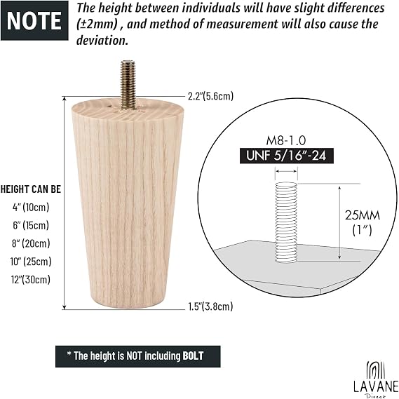 La Vane 4 inch Ash Wood Tapered Furniture Legs 4-Pack with 5/16 Thread | Unfinished Ash Wood with Straight Grain, 400lb Load Capacity, Hardware inclu., Mid-Century Modern, Upgrade for Sofa Cabinet