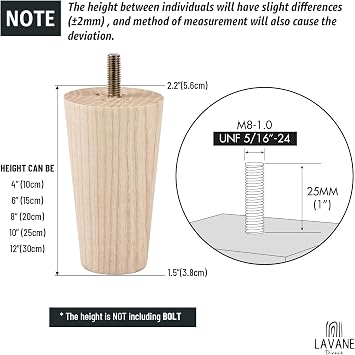 La Vane 4 inch Ash Wood Tapered Furniture Legs 4-Pack with 5/16 Thread | Unfinished Ash Wood with Straight Grain, 400lb Load Capacity, Hardware inclu., Mid-Century Modern, Upgrade for Sofa Cabinet