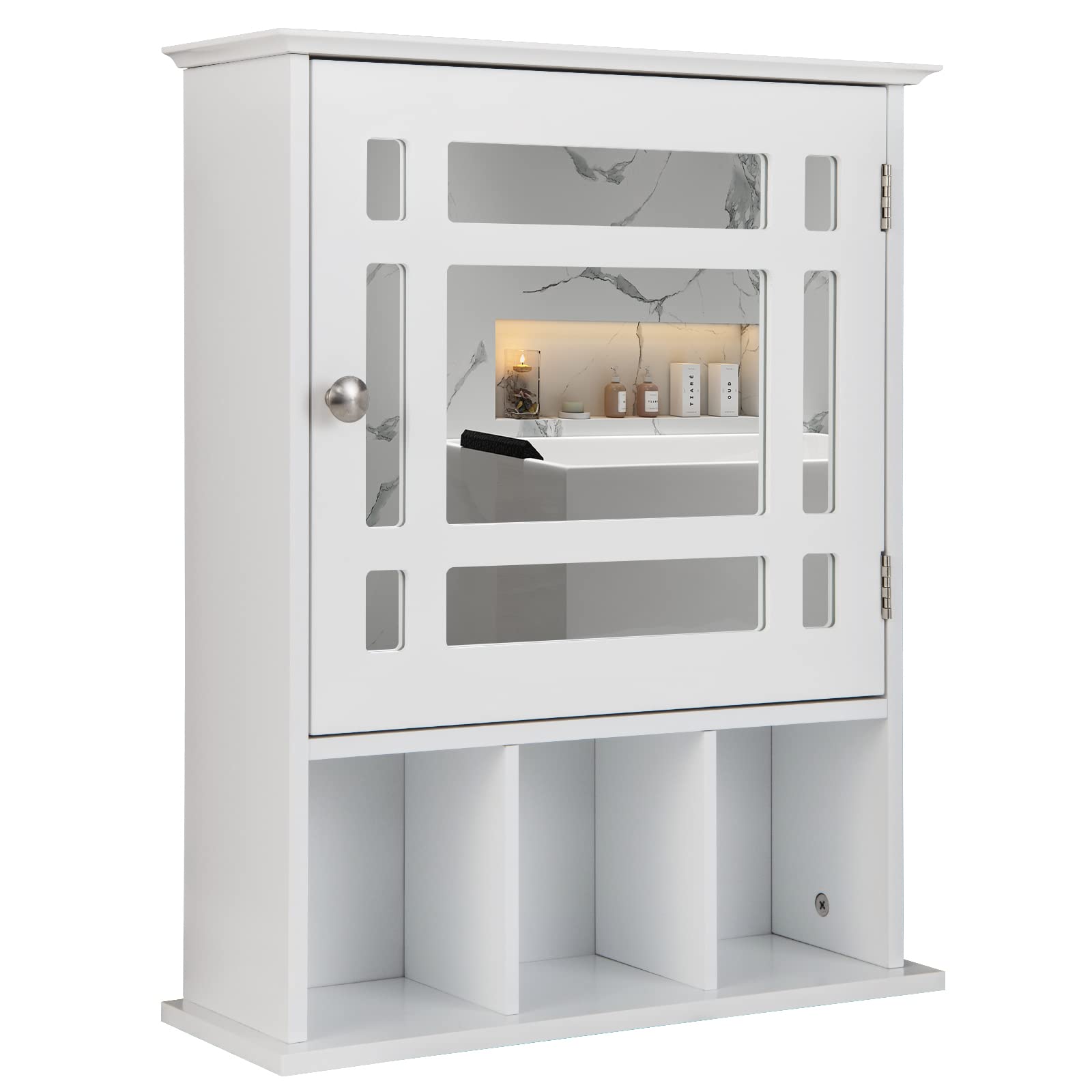 Multigot Bathroom Mirror Cabinet, Wall Mounted Storage Cupboard with Adjustable Shelf and 3 Open Compartments, Wooden Single Door Display Organizer for Bedroom Living Room Kitchen (White)