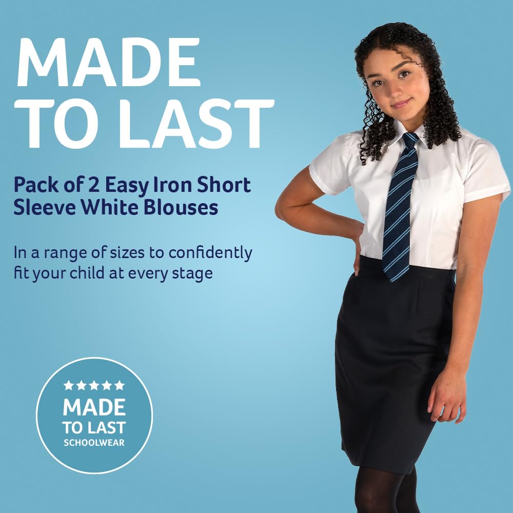 Trutex Basics 2 Pack Girls Short Sleeve School Shirts (3-16+ Years). Regular Fit Girls School Blouses, White Shirts for Girls, Easy Iron Girls White School Shirts - Genuine School Uniform