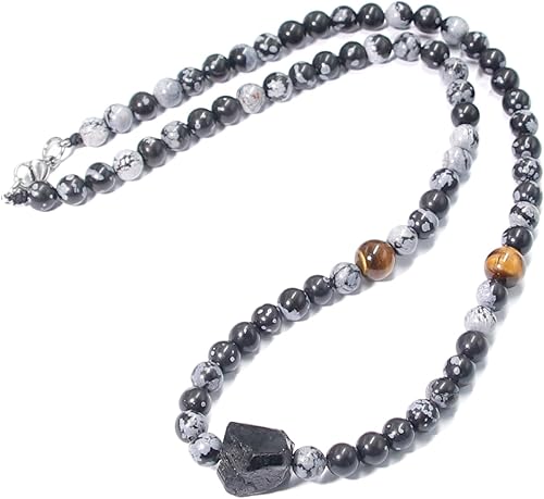 Natural Crystal Black Tourmaline Necklace, Snowflake Obsidian Tiger Eye Bead Tourmaline Pendant Necklace, Chakra Healing Protection Necklace