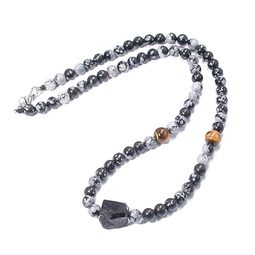 Natural Crystal Black Tourmaline Necklace, Snowflake Obsidian Tiger Eye Bead Tourmaline Pendant Necklace, Chakra Healing Protection Necklace