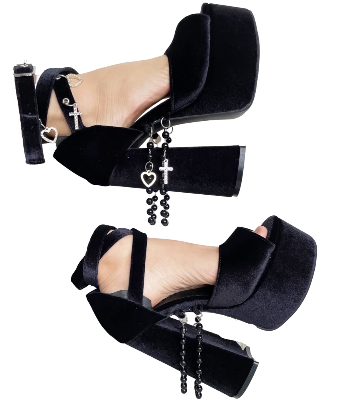 Frankie Hsu Fashion Halloween Goth Gemstone Rhinestone Cross Heart Bead Chain Platform Chunky Cute Cool Girl Cosplay Large