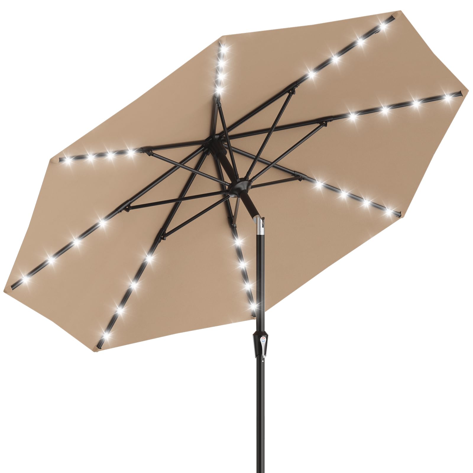 AreShark 9FT Patio Umbrella with Solar Lights, 32 LED Lighted Pool Umbrella w/Tilt and Crank, Outdoor Market Solar Umbrellas for Garden, Deck, Backyard, Pool and Beach, Beige