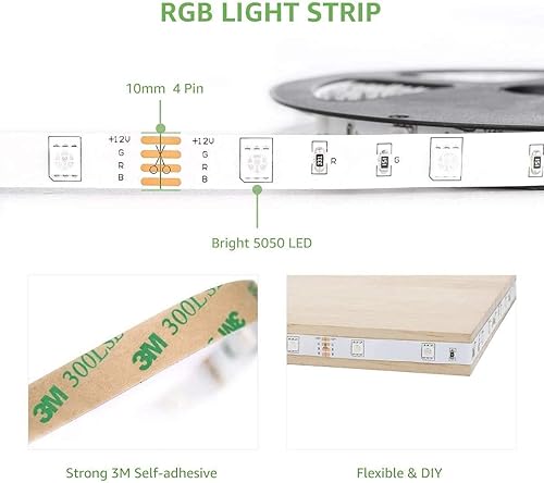 Miniatura 8 de LE Tira de luces LED de 50 pies, tiras LED RGB 5050 ultra largas con control remoto y clips de fijación, cinta de luz que cambia de color con