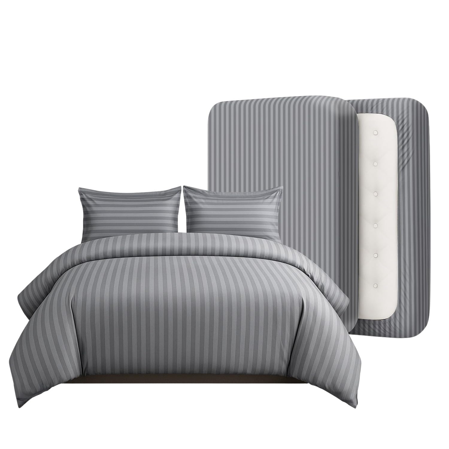 Casabella King Size Duvet Cover Sets - 4 Pc Luxury Duvet Brushed Microfiber Full Set - Duvet Cover, Fitted Sheet & Pillowcase 2 Pack- Soft & Durable Duvet King Size Set - Stripe Silver Bedding — image 1