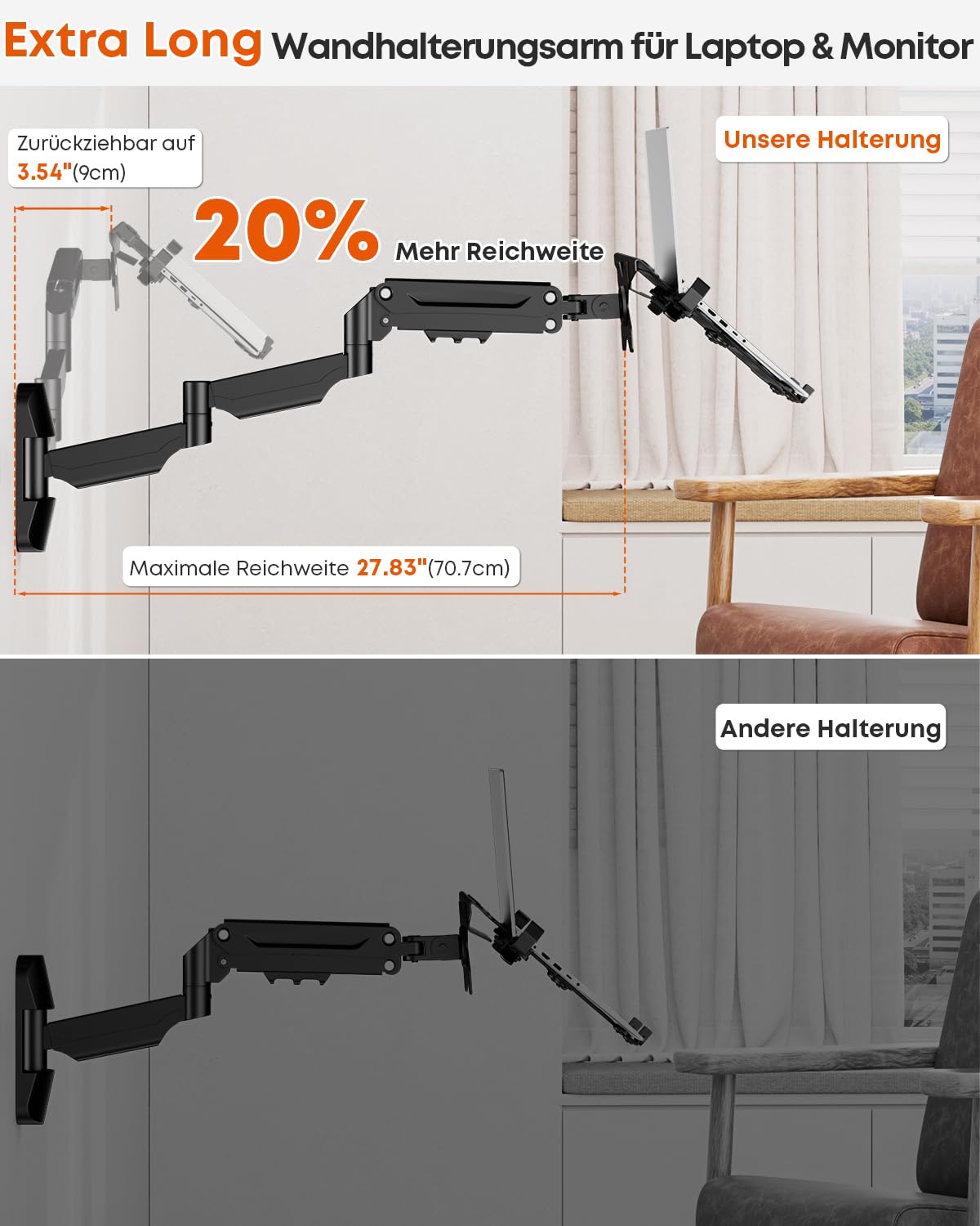 PUTORSEN Extra Lange 2-in-1 Laptop-Wandhalterung mit Abnehmbarer Ablage, 76,9 cm Gasfeder-Monitorarm, höhenverstellbar für 12–17 Zoll Laptops und 13–32 Zoll Monitore, belastbar bis 9 kg, Schwarz