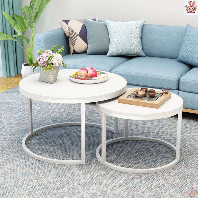 Total Crafts Wooden Metal Round Coffee Table Set Intersect 2-in-1 Modern Living Room Multipurpose Center Table Furniture Center Table Couch Table Stacking Nesting Table - White
