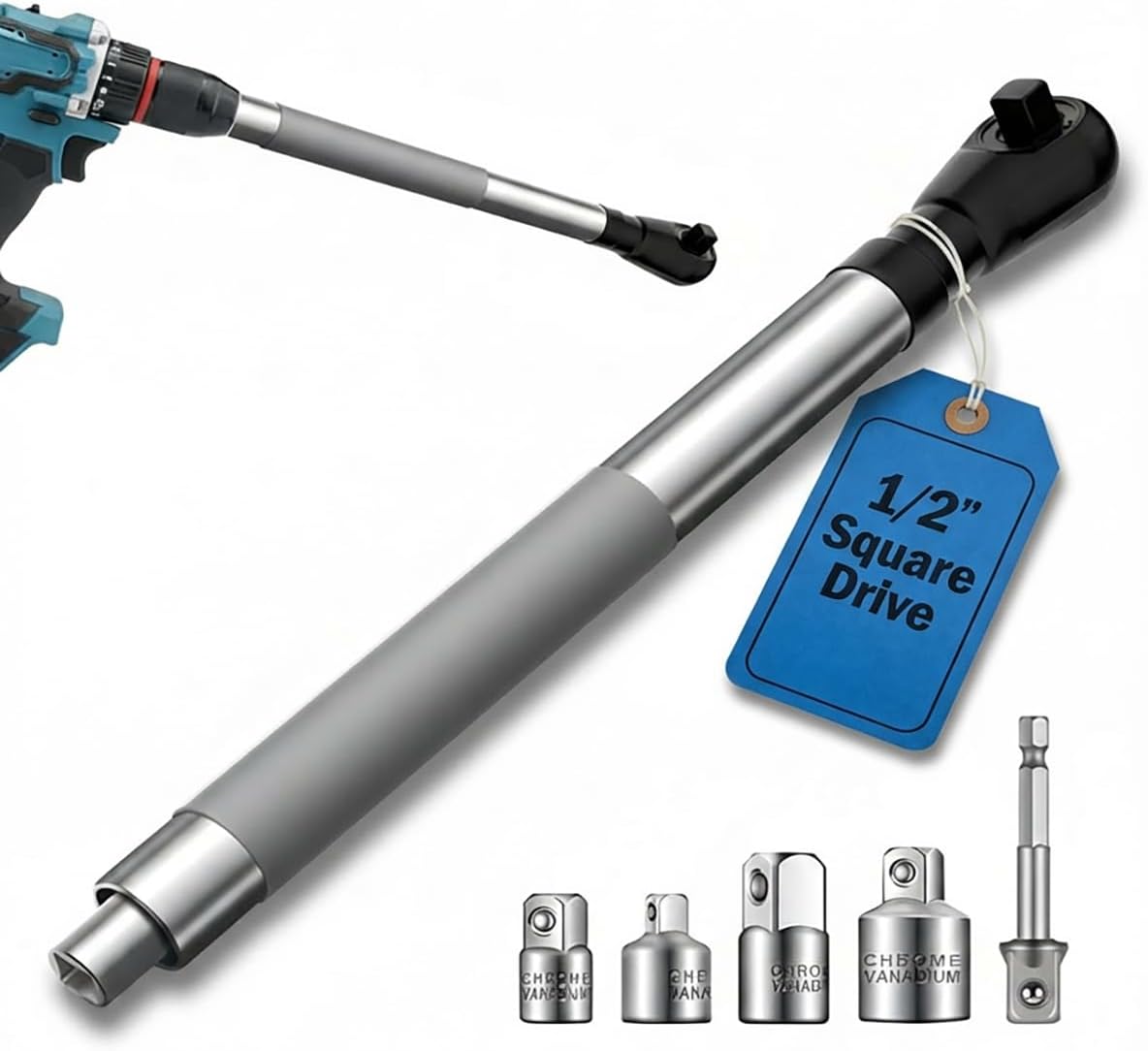 Offset Extension Wrench Impact 1/2",Right Angle Impact Wrench Extender for Drill,Electric Ratchet Wrench for Tight Spaces,with 4 Socket
