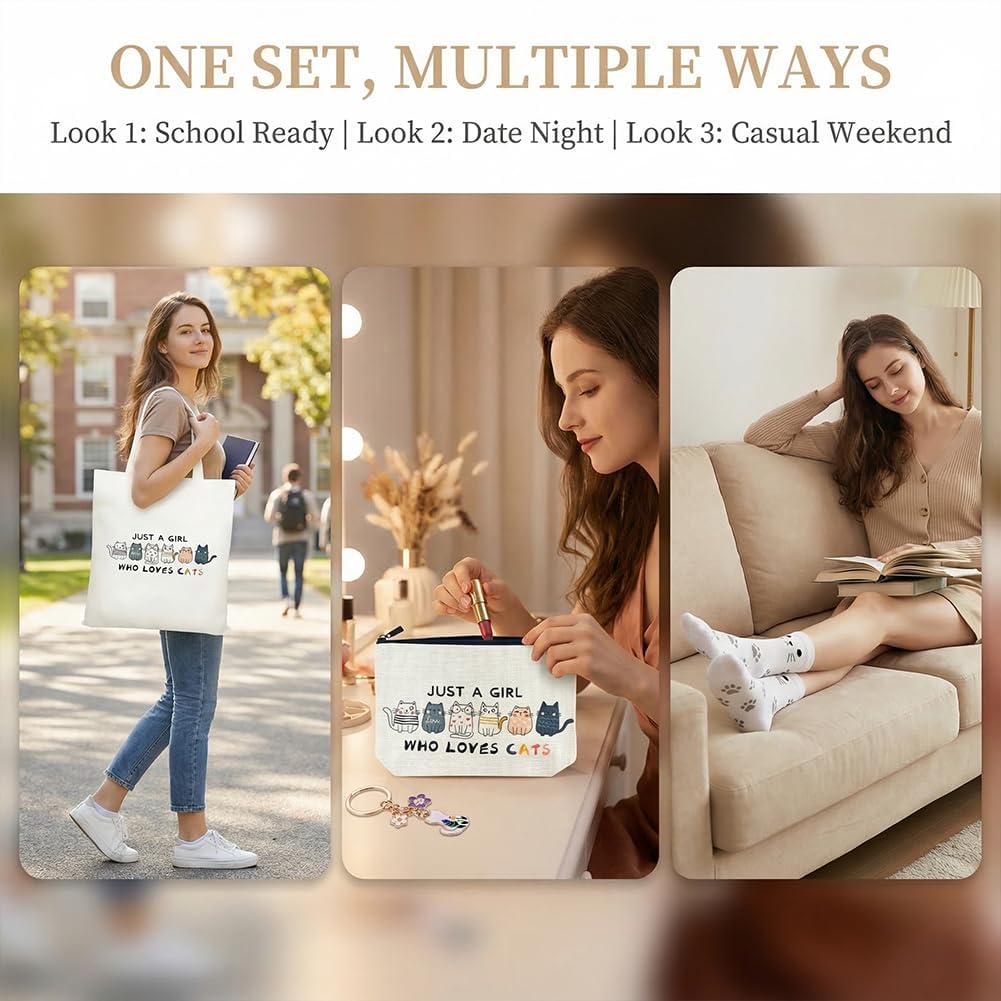 Set Regalo ：Borsa Tote Canvas, Borsetta per Trucco, Calzini & Braccialetto - Regalo per Donne, Ragazze