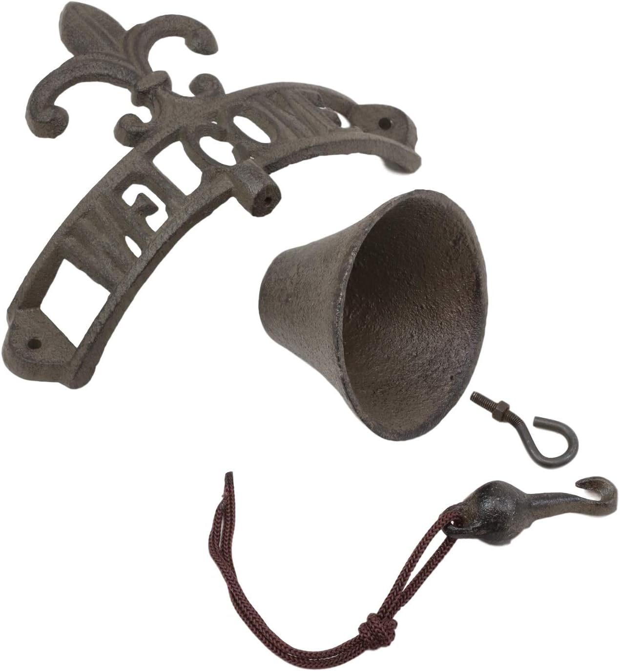 Ebros Gift Cast Iron Rustic Vintage Fleur De Lis Crown with Welcome Word Sign Door Wall Dinner Yard Bell Outdoor French Southwestern Farmhouse Accent Bells
