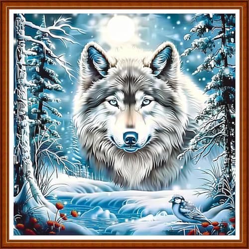 Image of Joyhoor Stamped Cross Stitch Kits for Beginners Needlepoint Kits for Adults Embroidery Kits 11CT Counted Cross Stitch Kits Printed Embroidery Pattern-Abstract Wolf Snow Scene 18x18 inchs