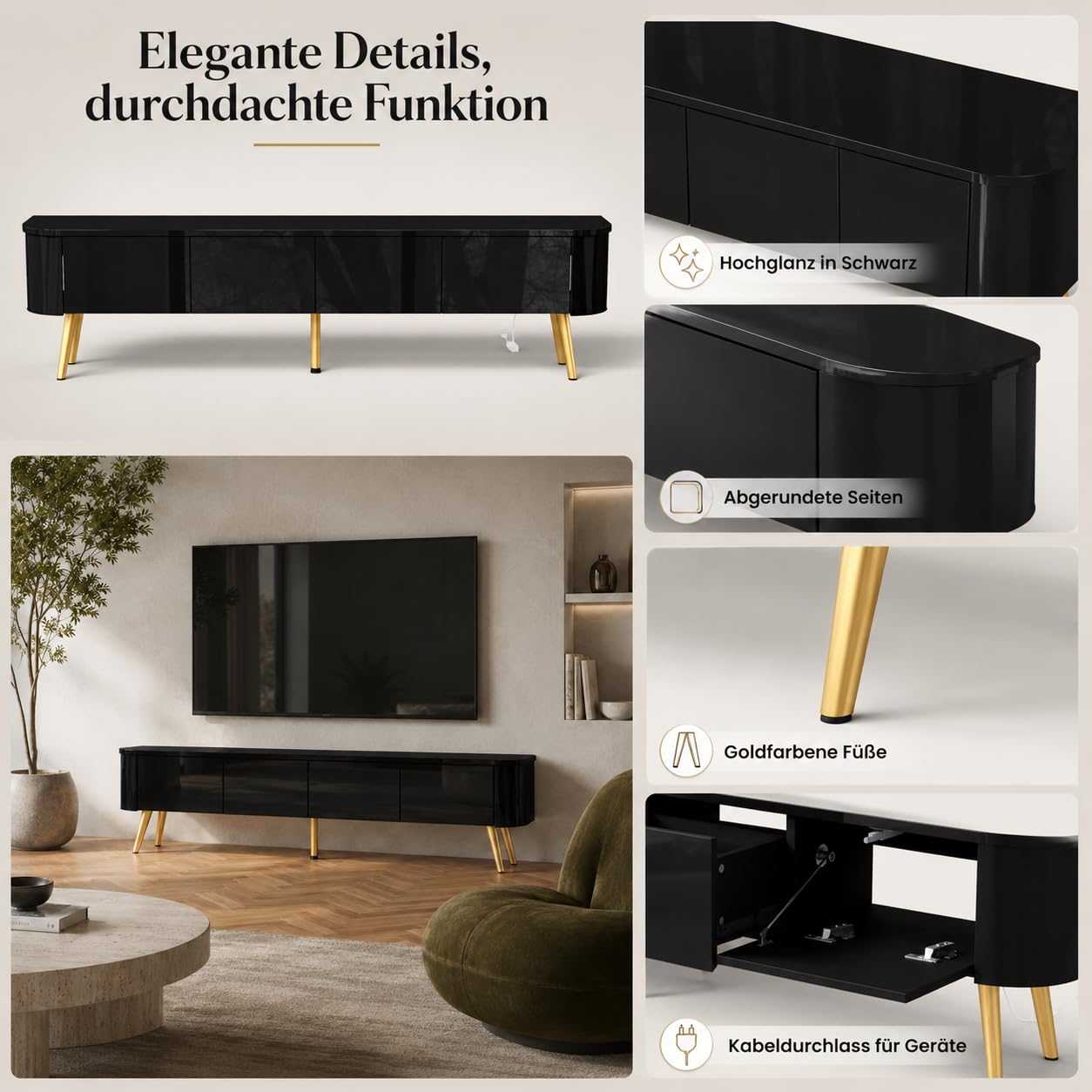 Mobile TV basso nero lucido con LED a 3 colori, 140 x 24 x 36 cm, da appoggiare o da parete, mobile TV con cassetto, scomparti laterali e gambe dorate