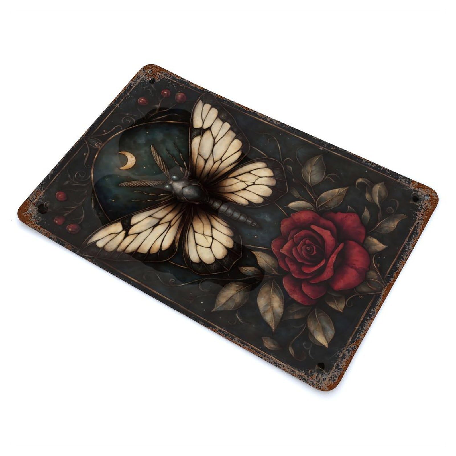 Garage Style Gothic Moth And Rose Aged Metal Wall Plaque 11.8"x7.9", Farmhouse Wall Decor for Bar And Workshop