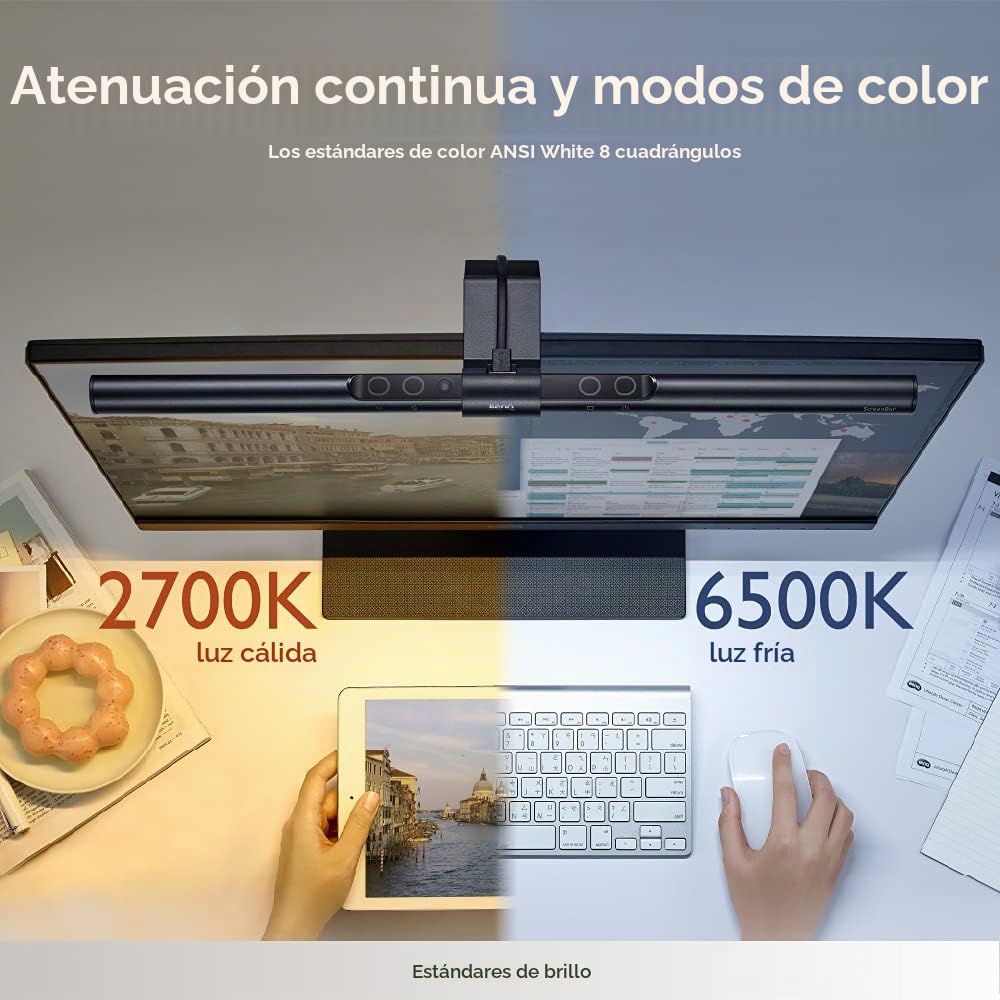 BenQ ScreenBar - Barra de luz LED para monitor con atenuación automática, ajuste de tono continuo y control táctil, lámpara de oficina en casa que ahorra espacio, cuidado de los ojos, sin reflejos de