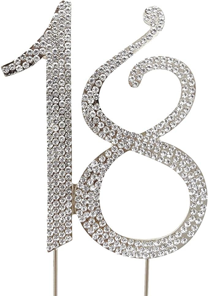 Number 18 Happy Birthday Cake Toppers for Girls & Women, 18th Birthday/Quinceanera Cake Topper Sign (Silver)