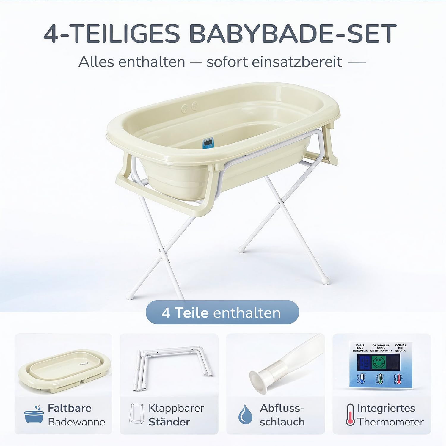 Babykajo Babybadewanne faltbar mit Ständer, Ablaufschlauch & Thermometer-Sticker, 4-teiliges Set ab Geburt, BPA-frei, EU gefertigt, 81x48x23 cm, Babywanne bis 16 Monate
