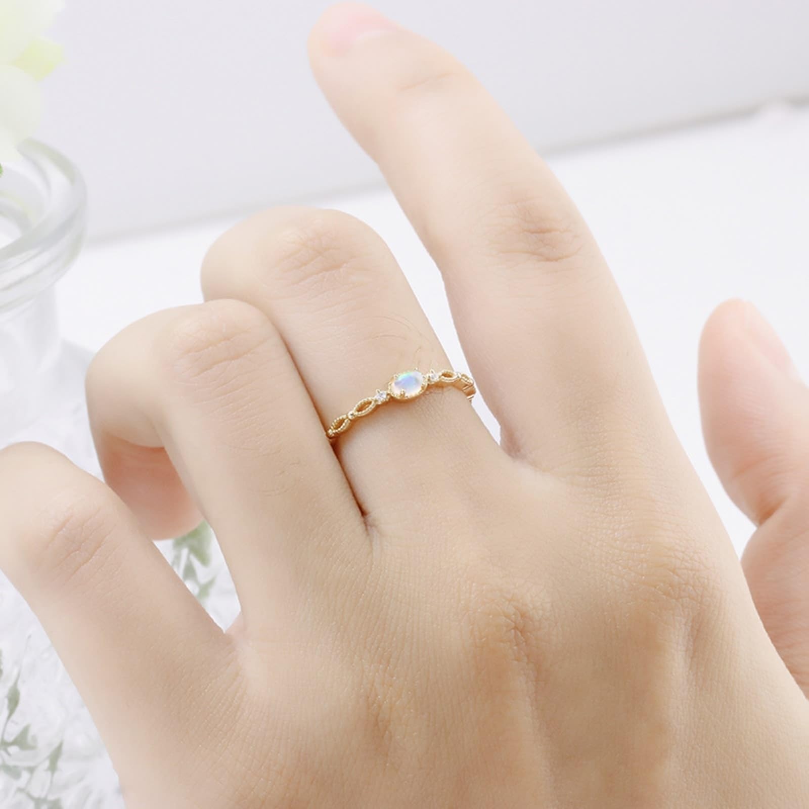 Anillo de boda oro 9 K/14 K/18 K con ópalo ovalado, elegante, filigrana pequeña