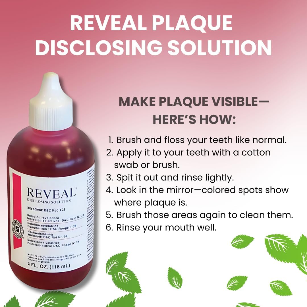 Generic Plaque Disclosing Solution 4 oz Bottle for Kids and Adult- Bigger Size! Dislosing Solution for Teeth, Plaque Reveal Mouthwash, Mint Flavor