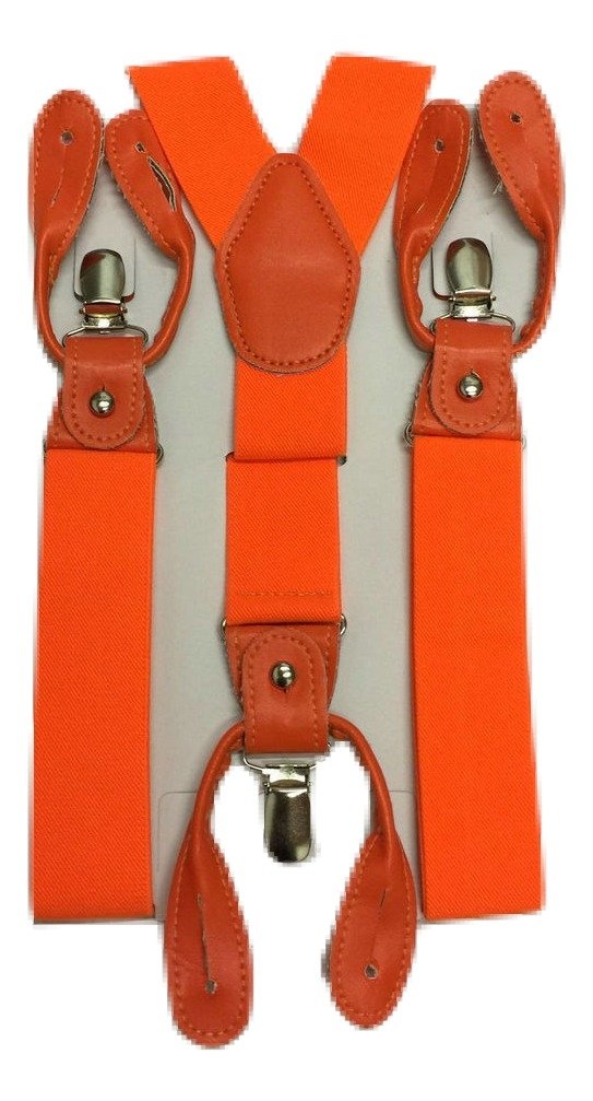 L&L® Mens Suspenders Braces with Clip & Syntheti Leather Button ON Strong 3.5 cm Wide (Orange)