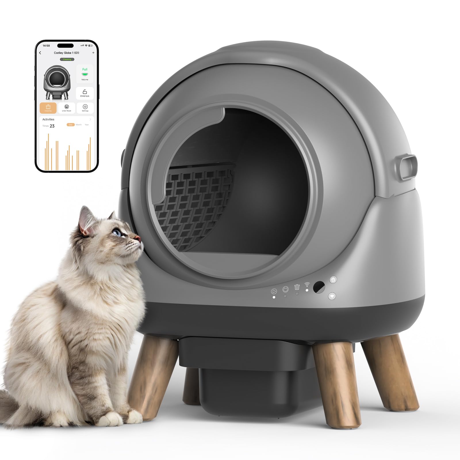 Self Cleaning Litter Box for Multiple Cats, G1 Automatic Litter Box with Smart APP Control & Health Monitoring, Includes 2 Roll Trash Bags and Litter Mat (Grey)