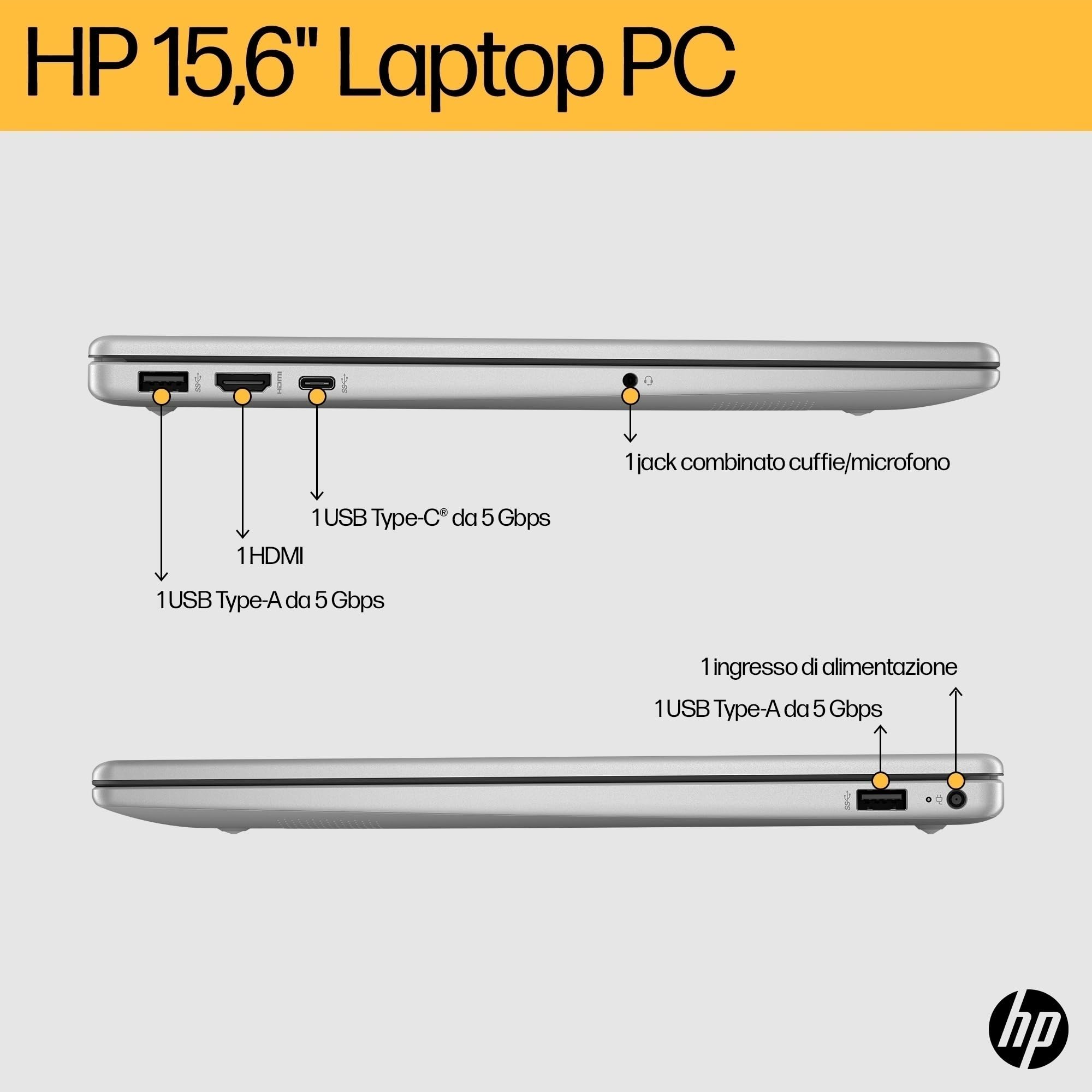 HP Laptop 15-fd0021sl, PC Portatile 15", Display FHD, Notebook, (Intel Core 3 100U, RAM 8GB, SSD 256GB, Windows 11), Computer Portatile, Uso quotidiano, Tastiera Italiana, QWERTY, Argento