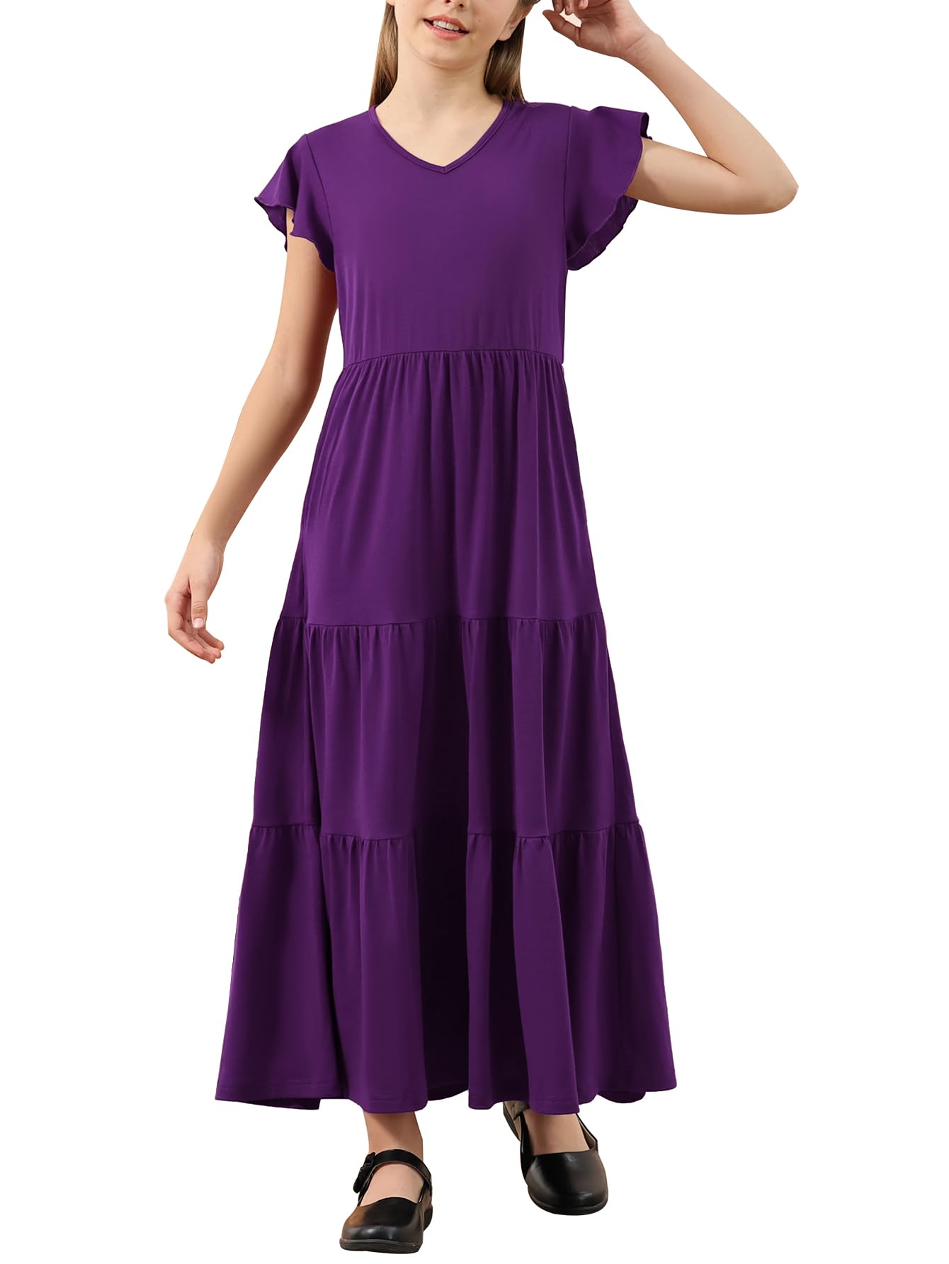 GORLYA Girls Flutter Sleeve V Neck Modest Casual Holiday Ruffle Tiered Hem Long Maxi Dress 6-16Y
