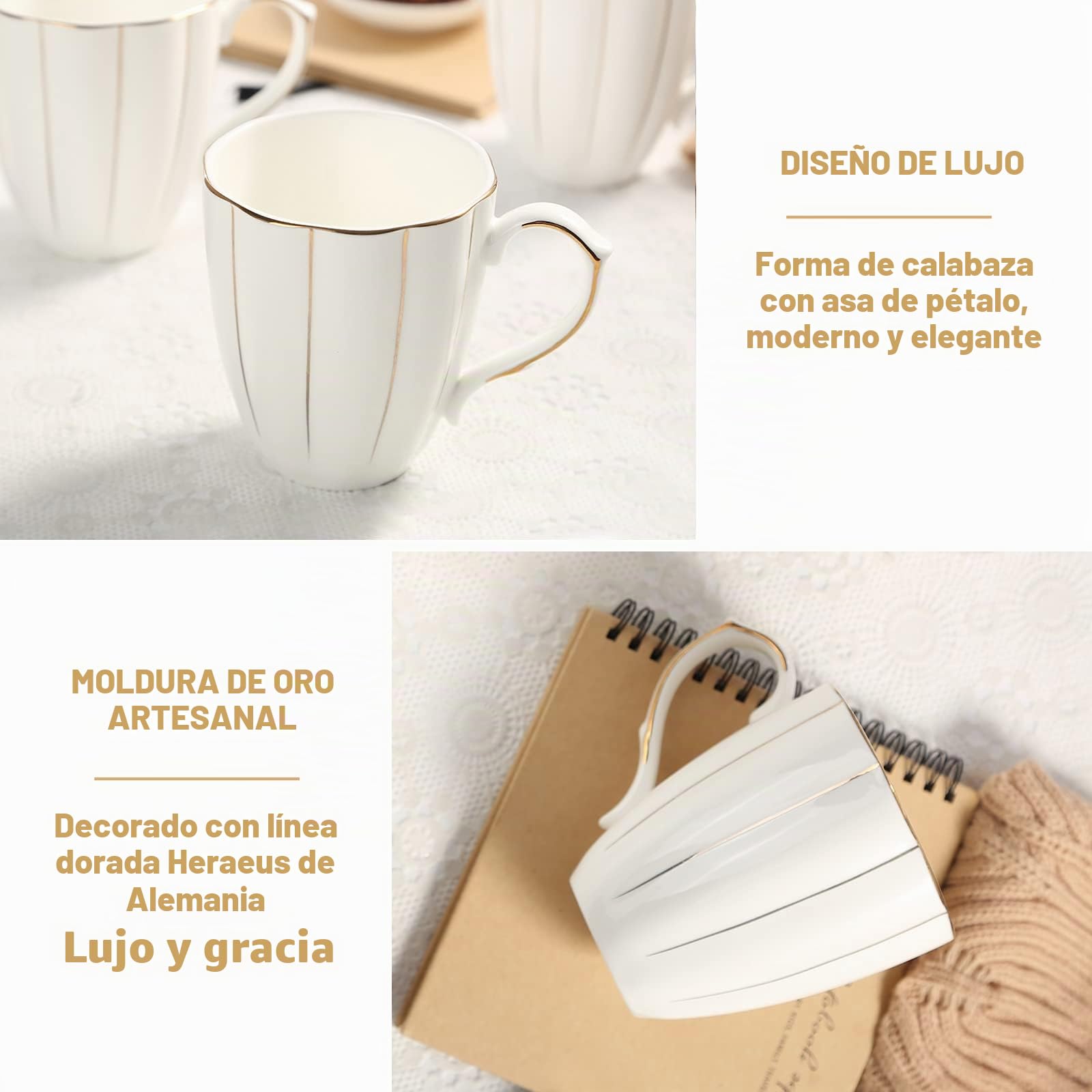 DUJUST Juego de 4 tazas de café (13,5 oz), diseño británico de lujo con adornos dorados hechos a mano, juego de tazas de porcelana blanca y dorada de primera clase para café, té y leche