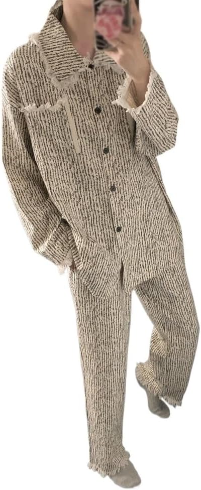 JSEIAJB Long Sleeved Pajamas Autumn Women's Casual Striped Cardigan Home Suit(Medium)