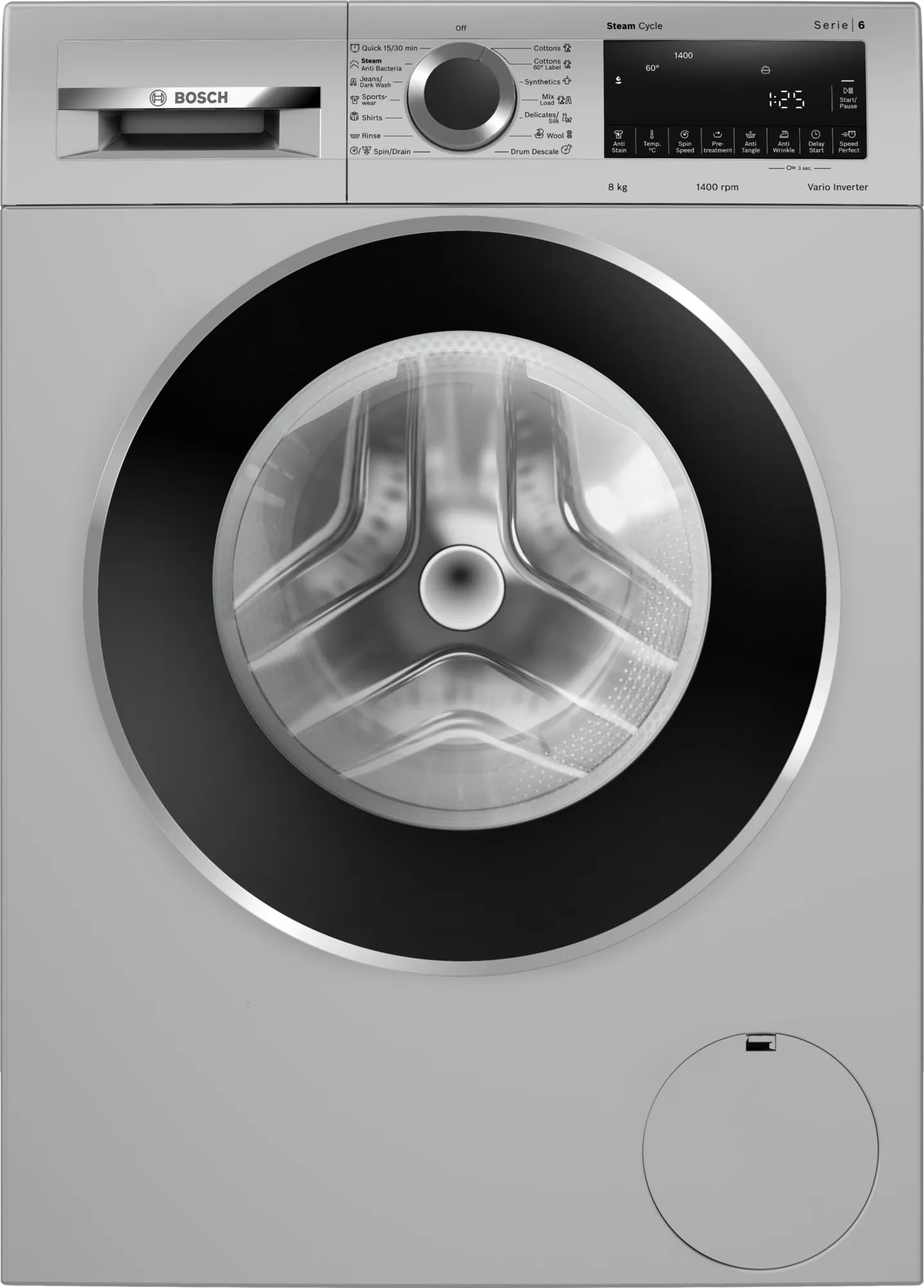 bosch 8 kg 5 star fully-automatic front loading washing machine (wga2341sin, silver, ai active water plus, in-built heater)