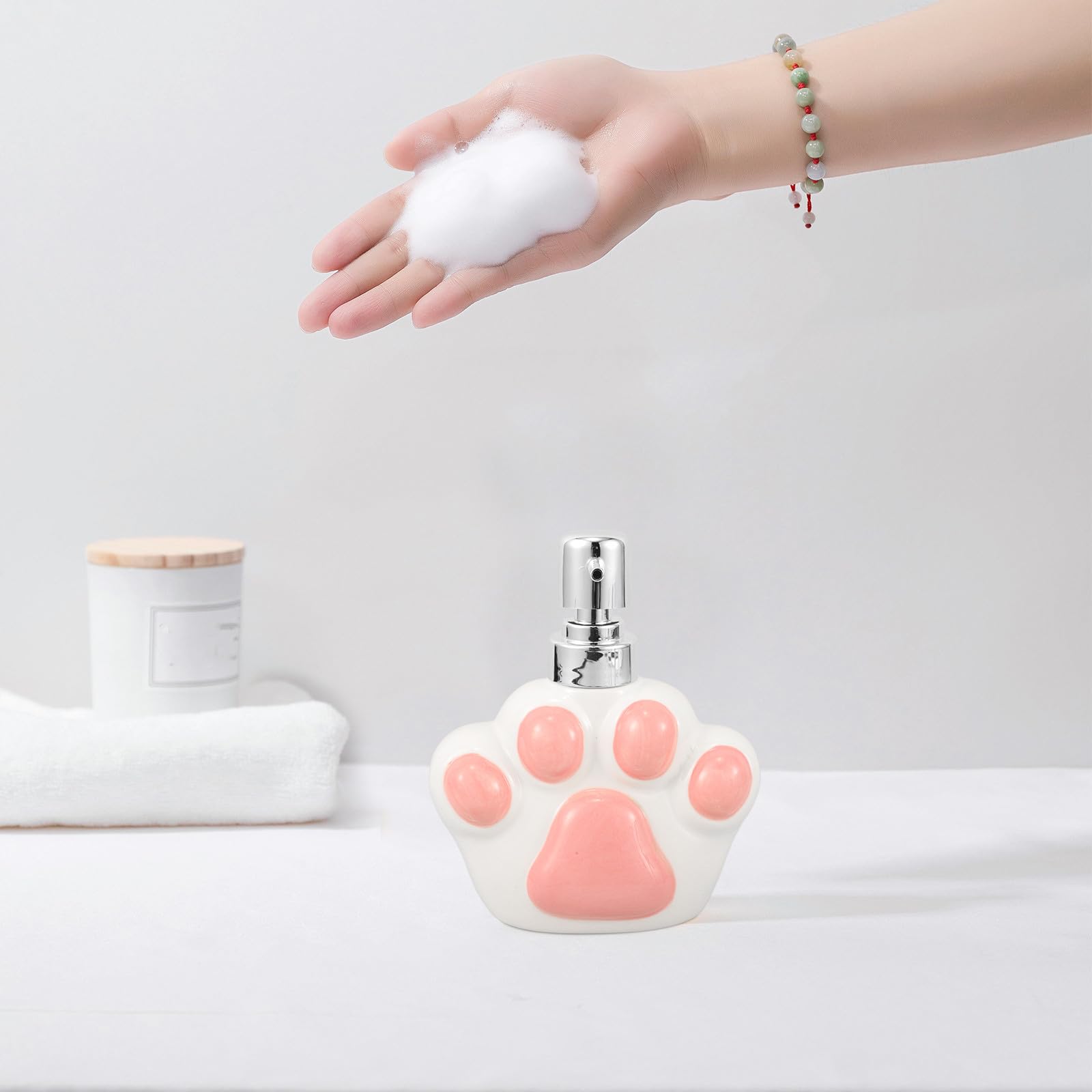 Ipetboom Dispenser di Sapone da Bagno Ricaricabile in Ceramica a Forma di Zampa di Gatto, Bottiglia Erogatrice Compatta Anti-perdite per Sapone Mani e Bagnoschiuma, per Uso Domestico