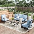 PHI VILLA Outdoor Modern Patio Furniture Set, Upgraded Wicker & Metal Patio Furniture Conversation Set with Waterproof Thick Cushions for Porch, Poolside, Yard (4 Pieces,Blue)