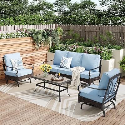 PHI VILLA Outdoor Modern Patio Furniture Set, Upgraded Wicker & Metal Patio Furniture Conversation Set with Waterproof Thick Cushions for Porch, Poolside, Yard (4 Pieces,Blue)