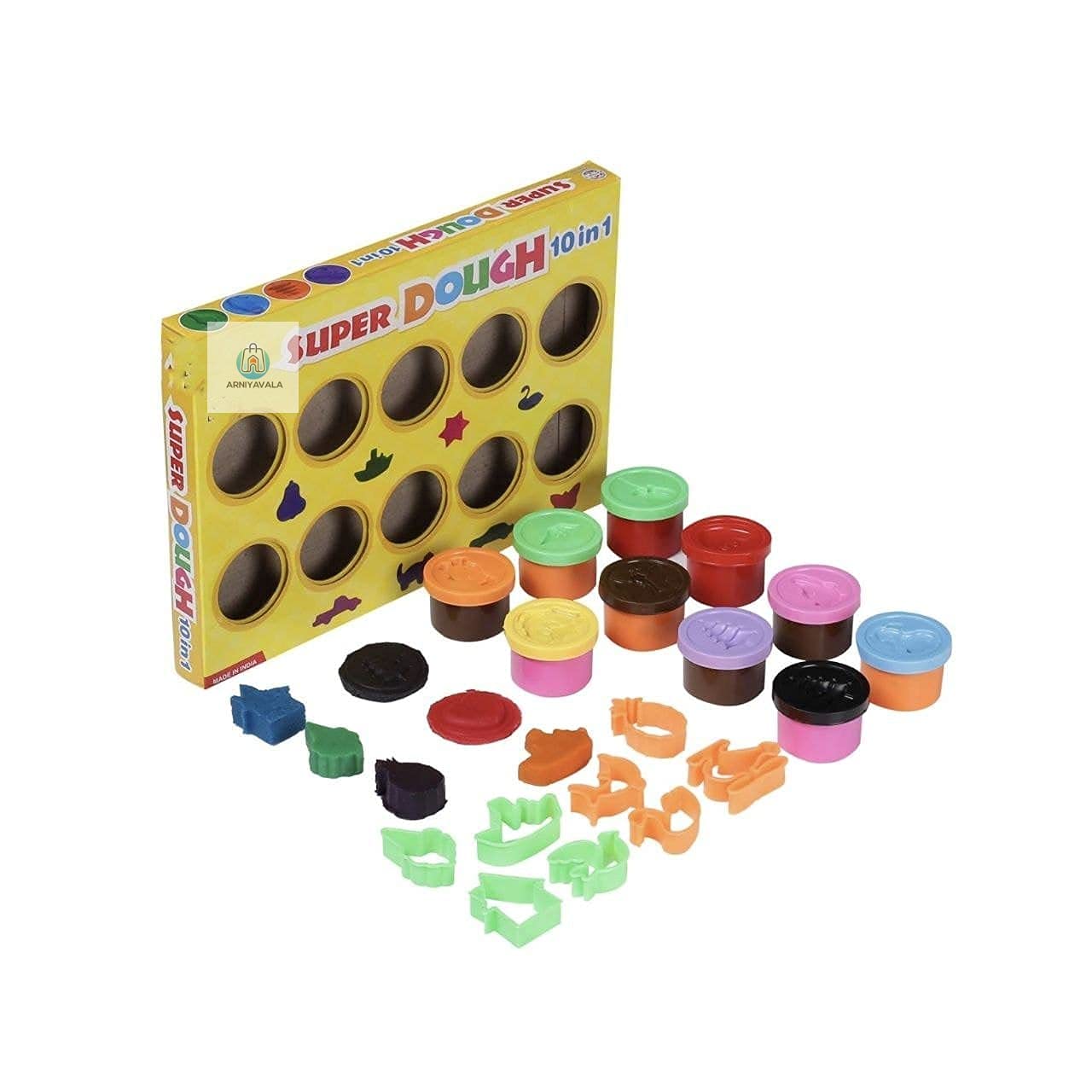 ARNIYAVALA Super Dough 10 in 1 KIT.Soft & Smooth Dough Makes Moulding Easy & Fun. 10 TUBS of Dough & 8 Big Superior Moulds