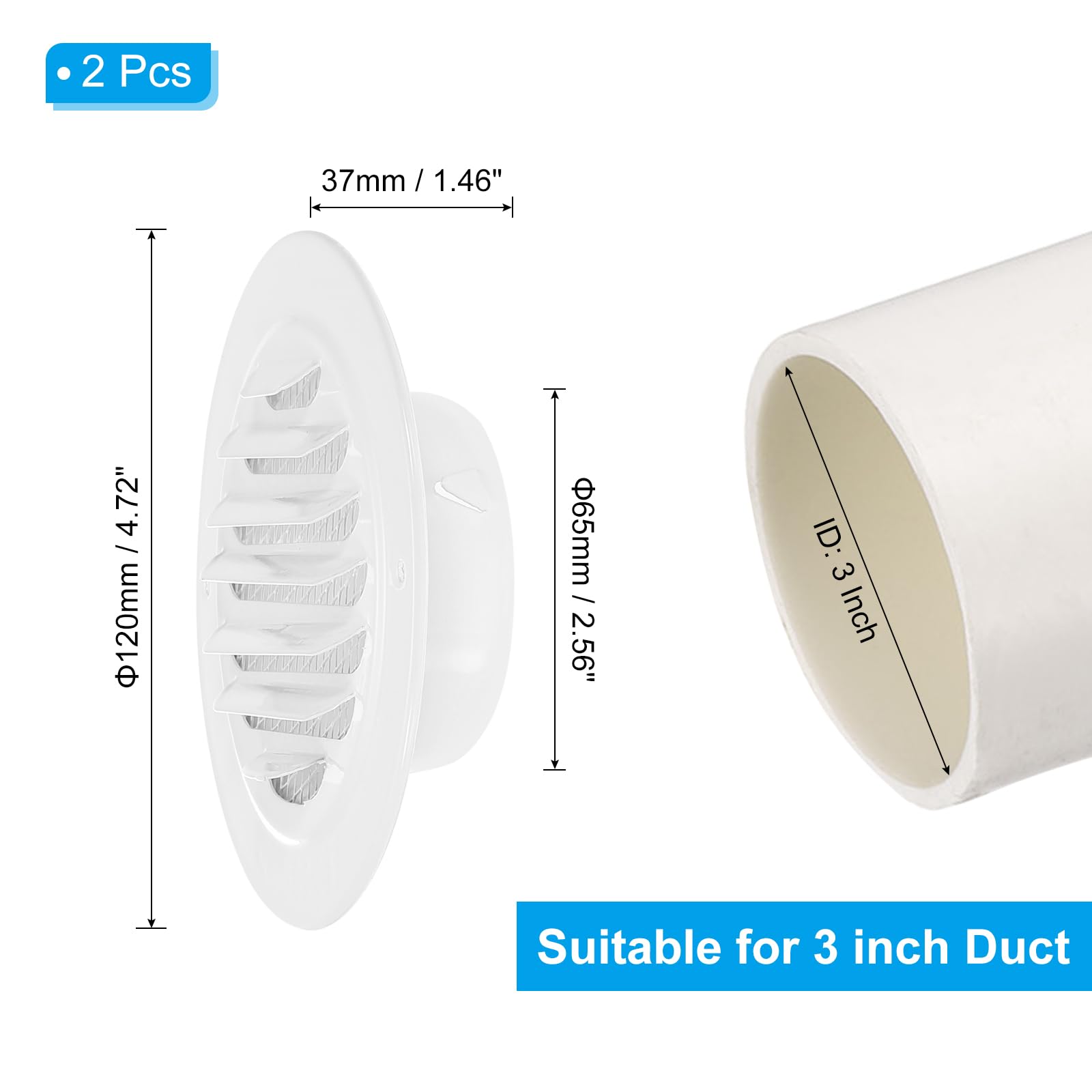 PATIKIL 3" Round Air Vent Cover, 2pcs 304 Stainless Steel Louvered Wall Inlet Outlet Grill Screen Mesh Ducting Soffit Vent with Screws for Ventilation, White - Image 2