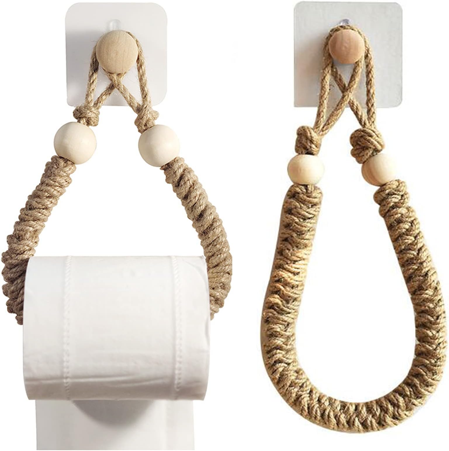 WANZIJING 2Pcs Toilet Paper Loo Roll Holder Without Drilling Used for Hanging Tissue Or Bath Towel Holder Made of Natural Hemp Rope and Bamboo Wood with 4 Bathrobe Hook,B