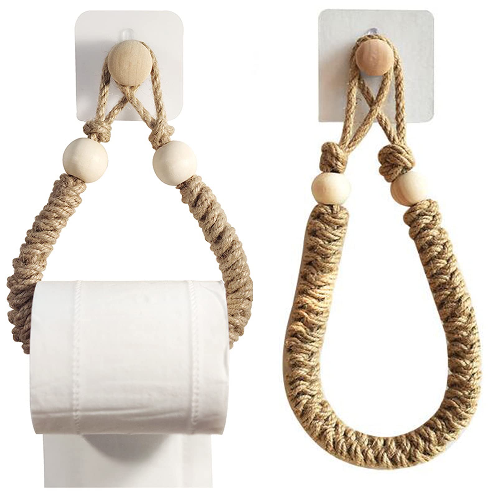 WANZIJING 2Pcs Toilet Paper Loo Roll Holder Without Drilling Used for Hanging Tissue Or Bath Towel Holder Made of Natural Hemp Rope and Bamboo Wood with 4 Bathrobe Hook,B