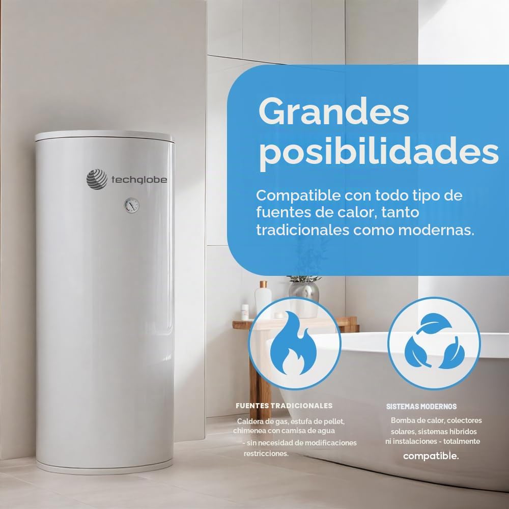 TECHGLOBE - Acumulador de agua caliente - 2 intercambiadores de calor (1,8 + 2,4 m²) - acer inoxidable - bajo consumo energético - aislamiento de 50 mm - Termo vertical (200 L)