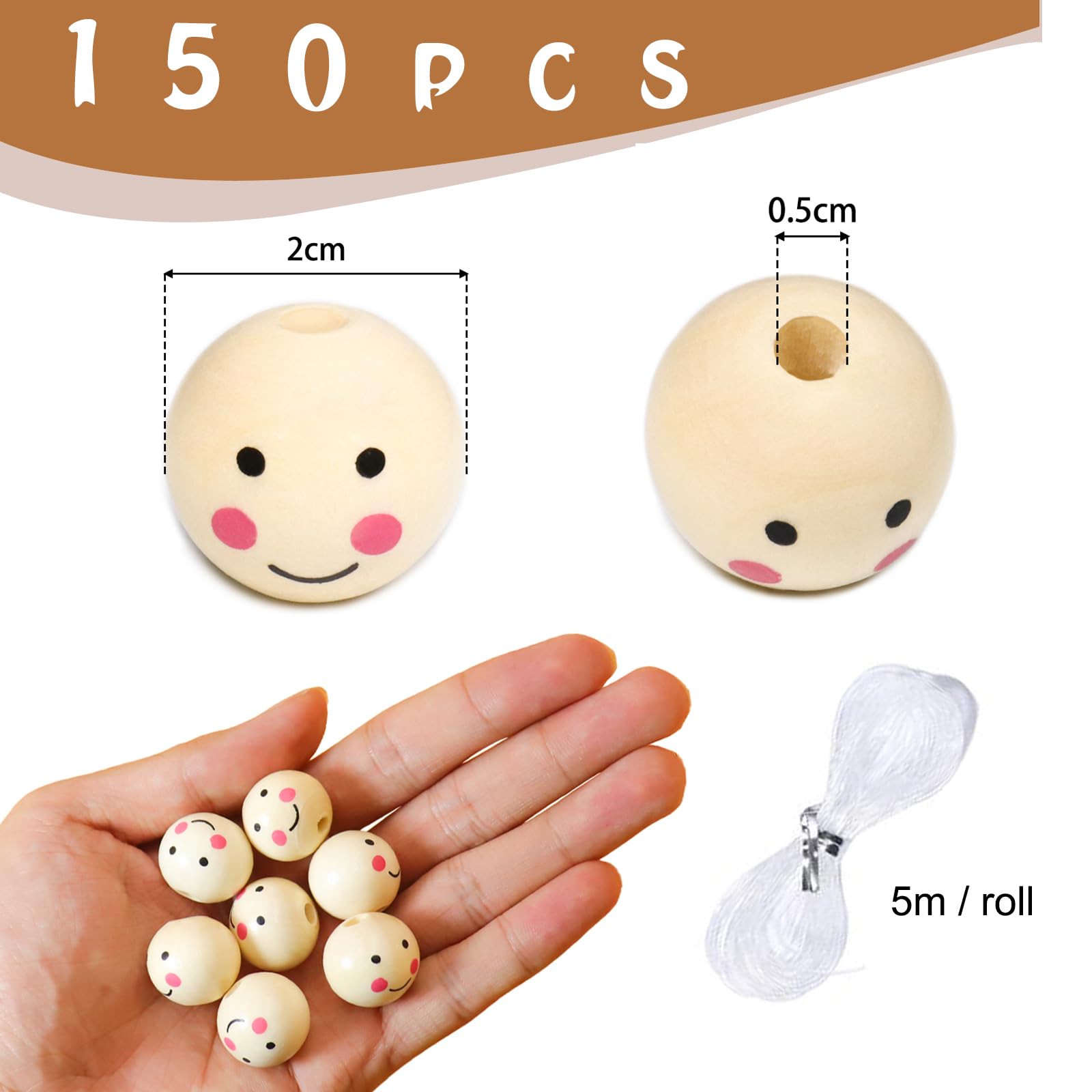 Lufcziel Perline Di Legno Con Viso, 60 Pezzi, 20 Mm - Teste Di Legno Con Sorriso Per Macramè, Vermi Della Fortuna, Bracciali Fai-da-Te - 3