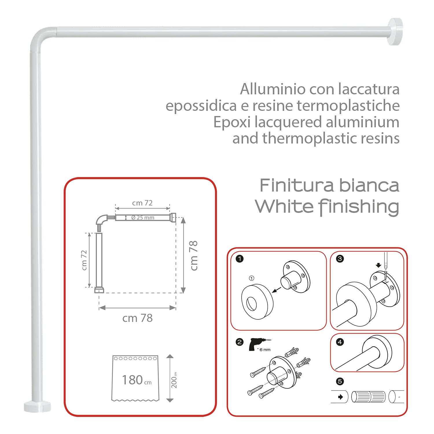 Barra De Cortina De Ducha Angular Gedy - 80x80 Cm, Tubos Recortables, Acero Blanco, Para Cortinas De 180-240 Cm