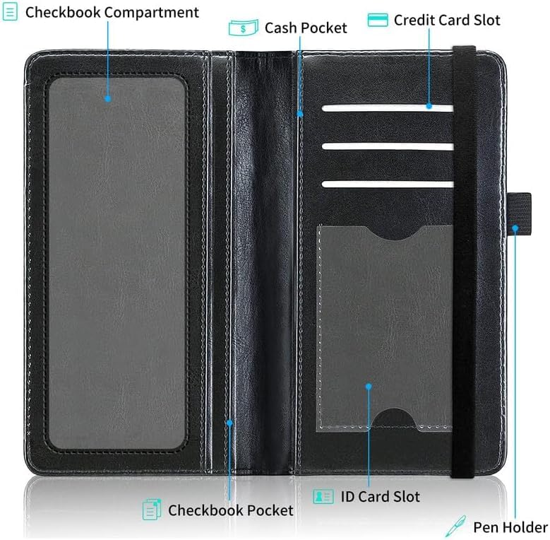 Image of FUYOCWE Leather Checkbook Covers for Men Women Check book Holder Cover Wallets for Personal Checkbook Duplicate Checks with RFID Blocking & Elastic Strap,Black Cat with Gold Floral